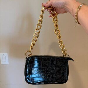 Y2K Black Small Snakeskin Shoulder Bag Accent Gold Chain Strap